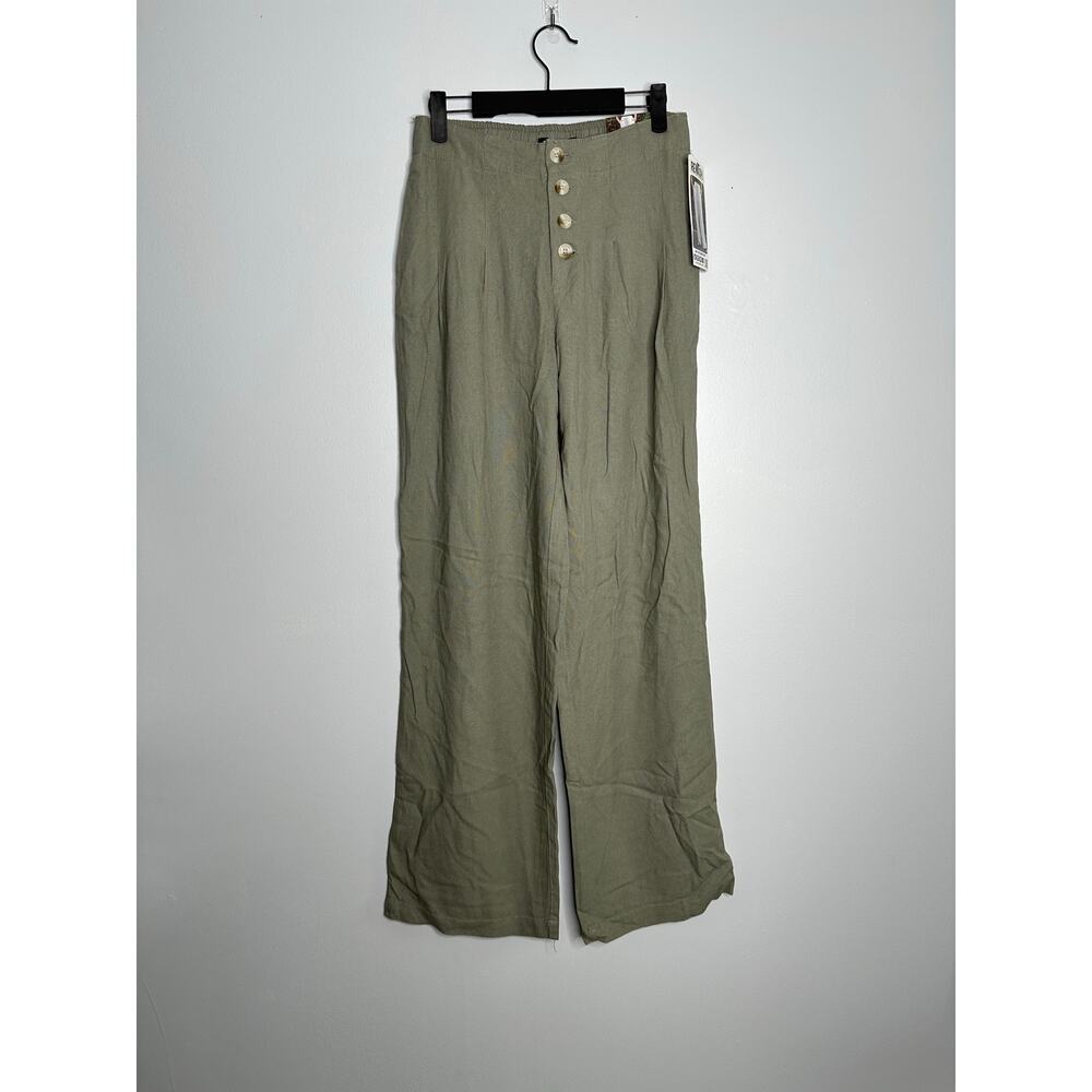 Rewash Women's Olive Green Button Fly High Rise Wide Leg Linen Blend Pants S NWT